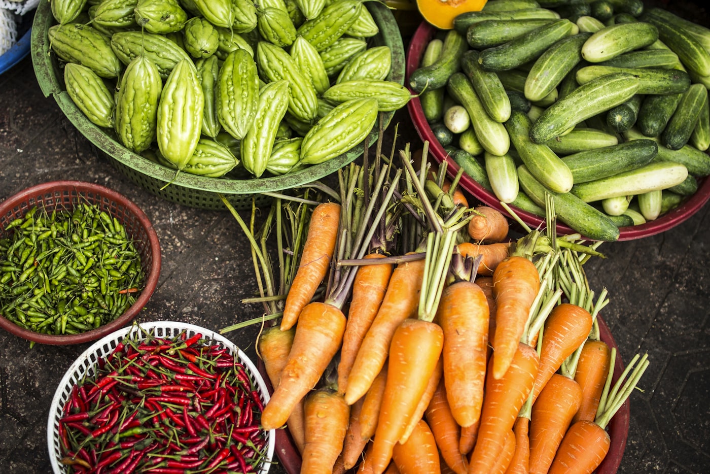 Légumes fraîchement récoltés, carottes, concombres et piments, posés sur la terre