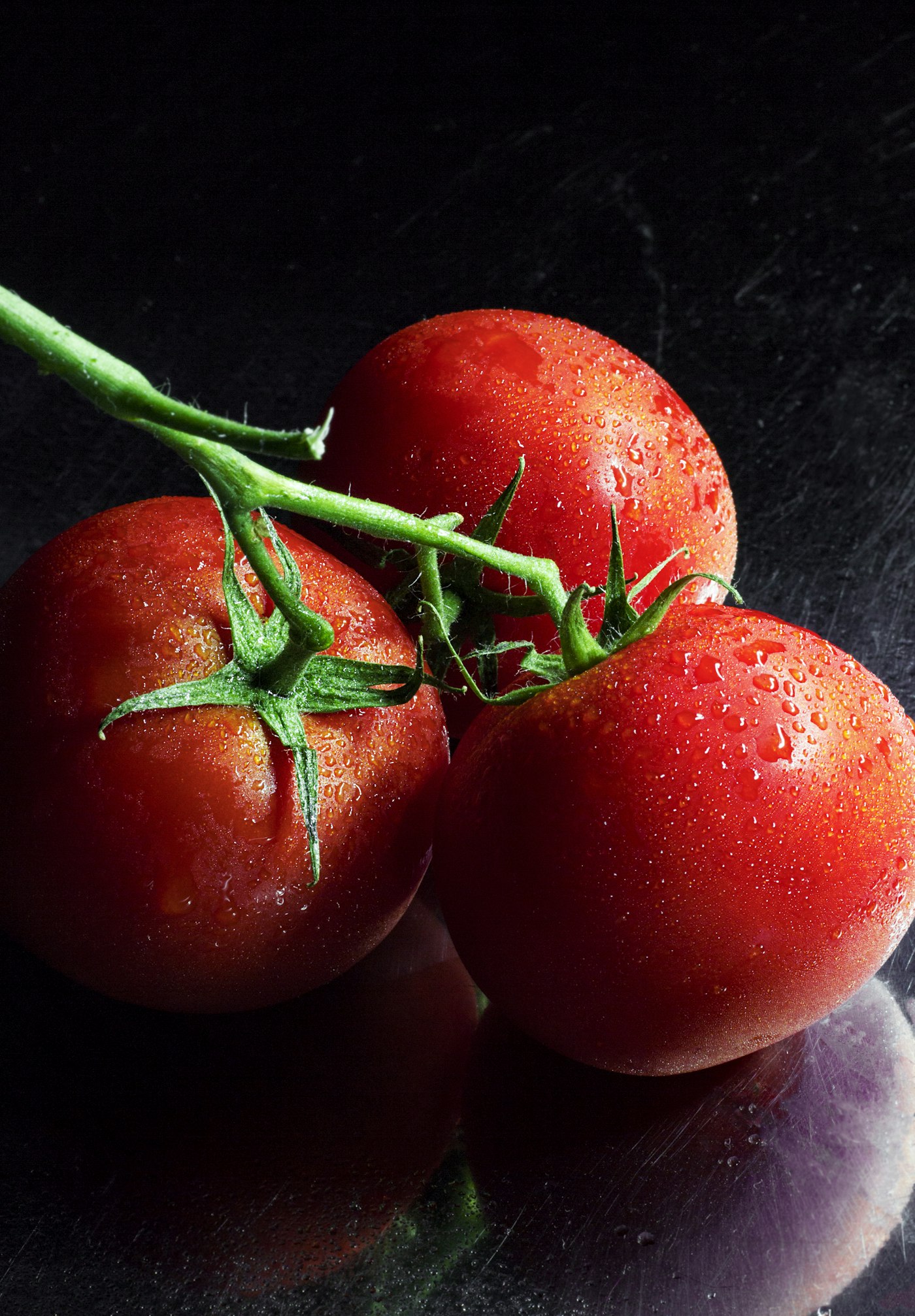 Tomates grappe fraîchement cueillies, encore perlées d'eau